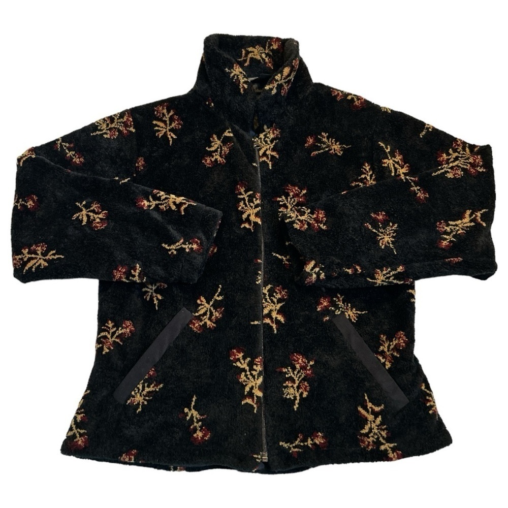 VTG Black Diamond Sherpa Fleece Botanical Floral Print Jacket Black Size Small - Picture 4 of 12